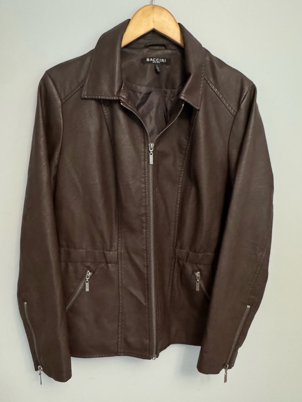 Baccini Faux Leather Zip Jacket Brown Size L - Picture 2 of 6
